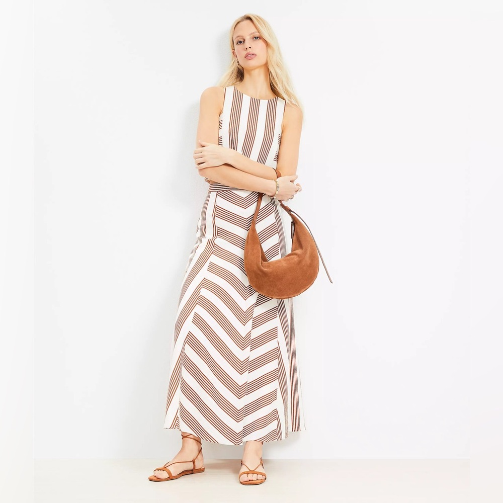 Loft Chevron Linen Blend Midi Skirt & Striped Linen Blend Shell / Whisper White